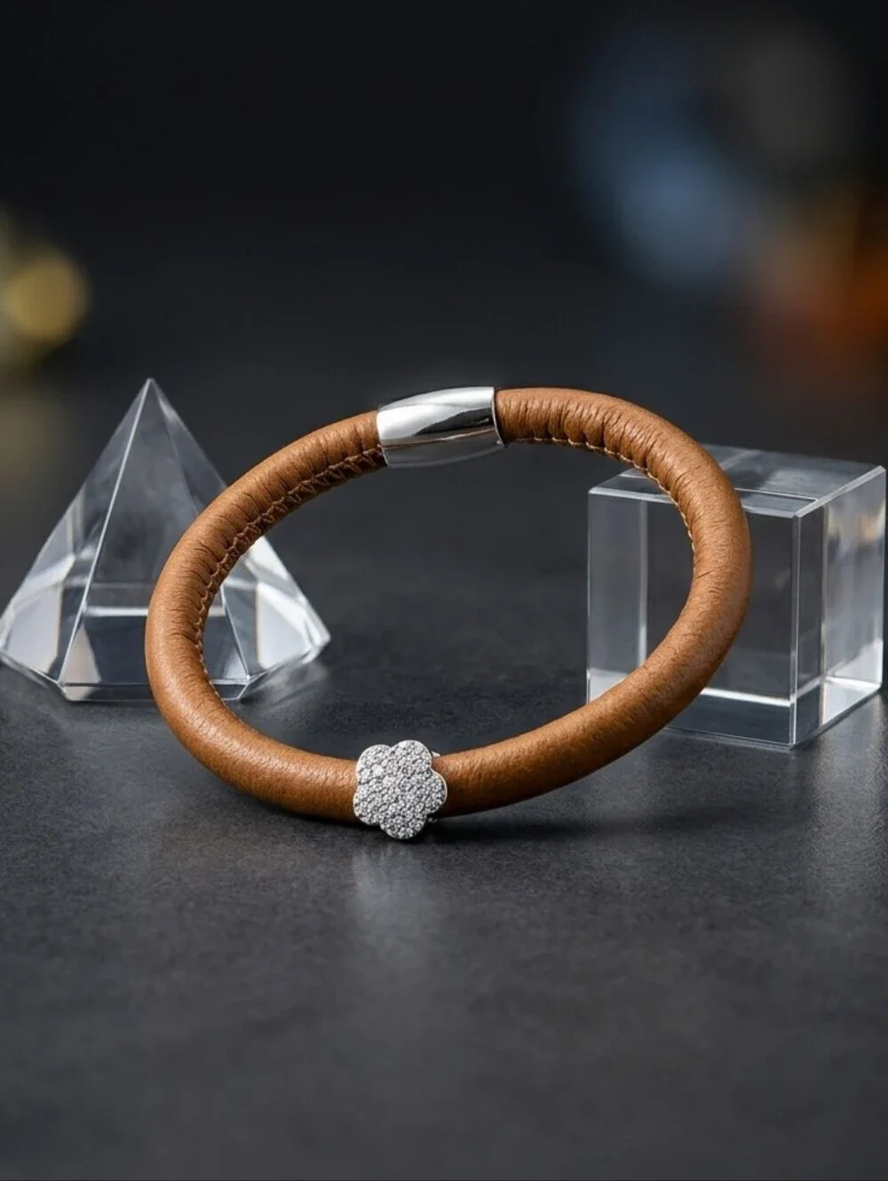 Caramel Vegan Leather Magnetic Bangle and Steel Hoop Earrings Set CZ Flower Boho